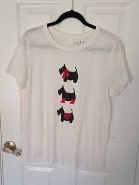 LOFT White Tee with Black Scottie Dog Trio and Red Accents